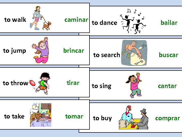 to walk caminar to dance to jump brincar to throw to take bailar to