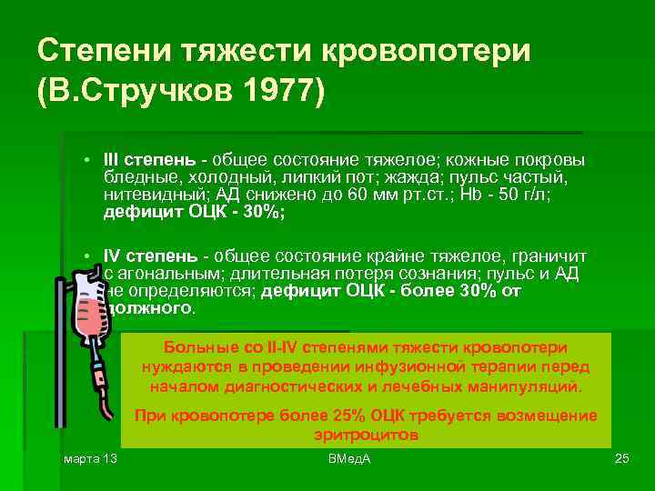 Степени тяжести кровопотери (В. Стручков 1977) • III степень - общее состояние тяжелое; кожные