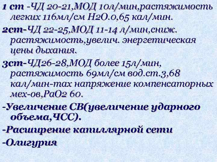 1 ст -ЧД 20 -21, МОД 10 л/мин, растяжимость легких 116 мл/см H 2