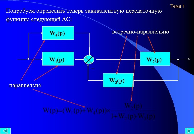 Попробуем определить теперь эквивалентную передаточную функцию следующей АС: встречно-параллельно W 4(p) W 1(p) параллельно