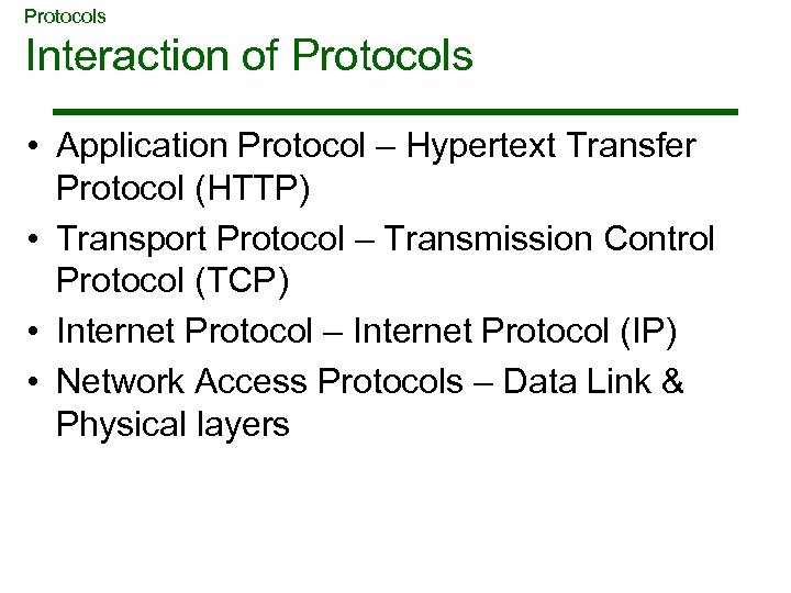 Protocols Interaction of Protocols • Application Protocol – Hypertext Transfer Protocol (HTTP) • Transport