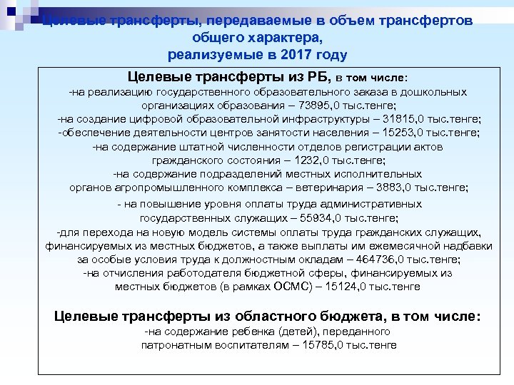 Целевые трансферты, передаваемые в объем трансфертов общего характера, реализуемые в 2017 году Целевые трансферты