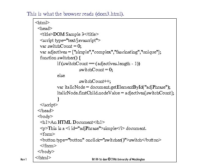 This is what the browser reads (dom 3. html). Nov 1 <html> <head> <title>DOM