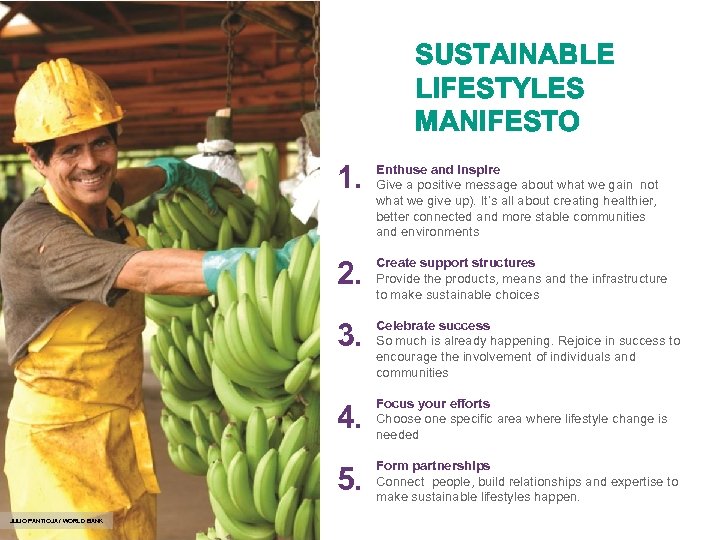 SUSTAINABLE LIFESTYLES MANIFESTO 1. 2. Create support structures Provide the products, means and the