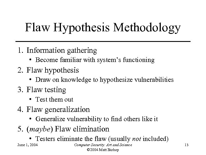 Flaw Hypothesis Methodology 1. Information gathering • Become familiar with system’s functioning 2. Flaw