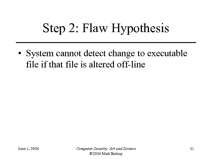 Step 2: Flaw Hypothesis • System cannot detect change to executable file if that