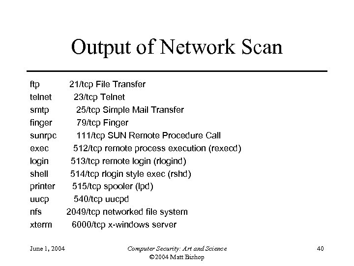 Output of Network Scan ftp telnet smtp finger sunrpc exec login shell printer uucp
