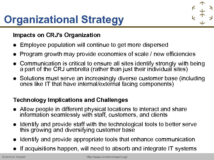Organizational Strategy Impacts on CRJ's Organization Employee population will continue to get more dispersed
