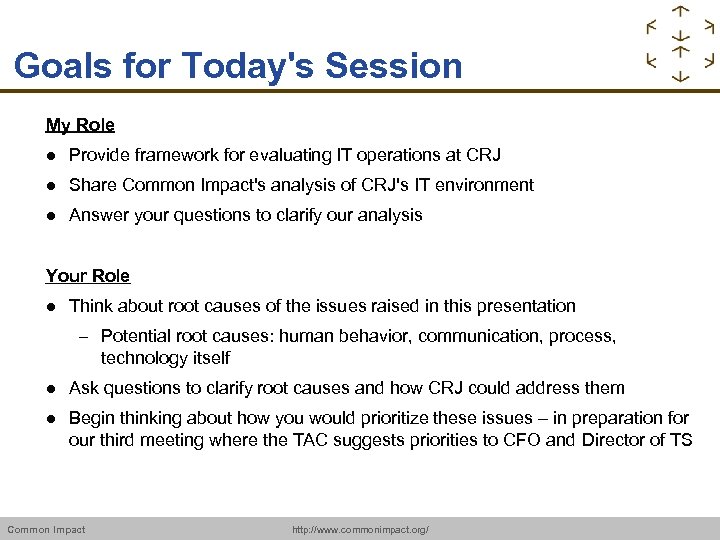 Goals for Today's Session My Role Provide framework for evaluating IT operations at CRJ