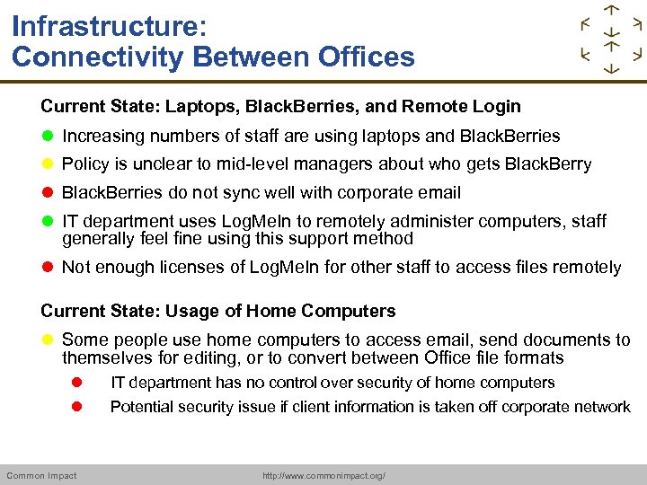 Infrastructure: Connectivity Between Offices Current State: Laptops, Black. Berries, and Remote Login Increasing numbers