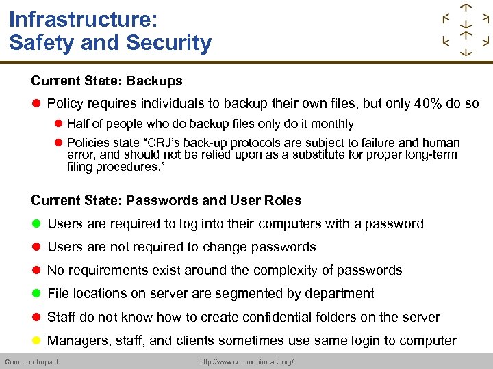 Infrastructure: Safety and Security Current State: Backups Policy requires individuals to backup their own