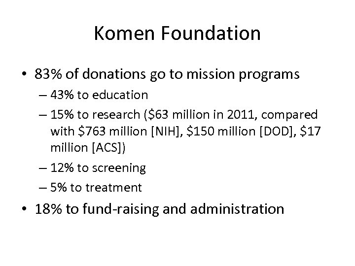 Komen Foundation • 83% of donations go to mission programs – 43% to education