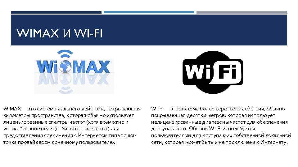 WIMAX И WI-FI Wi. MAX — это система дальнего действия, покрывающая километры пространства, которая
