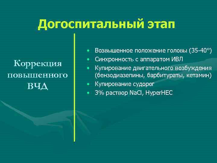 Догоспитальный этап Коррекция повышенного ВЧД • Возвышенное положение головы (35 -40°) • Синхронность с