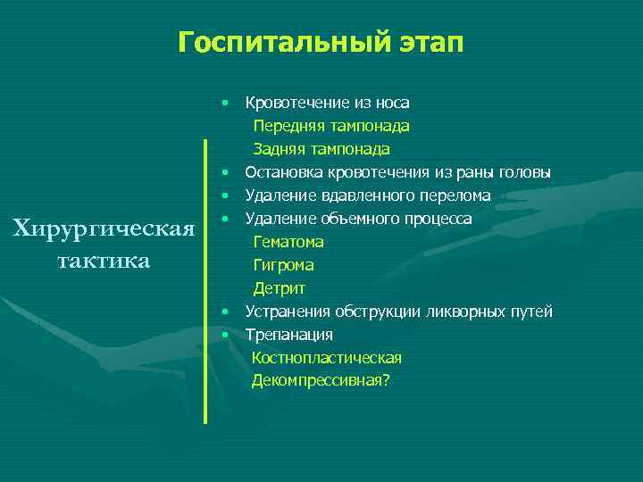 Госпитальный этап • Хирургическая тактика • • • Кровотечение из носа Передняя тампонада Задняя
