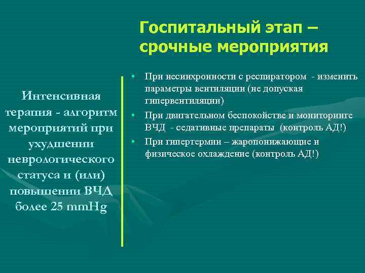 Госпитальный этап – срочные мероприятия Интенсивная терапия - алгоритм мероприятий при ухудшении неврологического статуса
