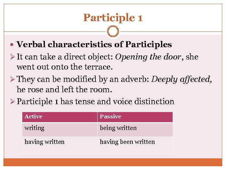 Participle 1 Verbal characteristics of Participles Ø It can take a direct object: Opening