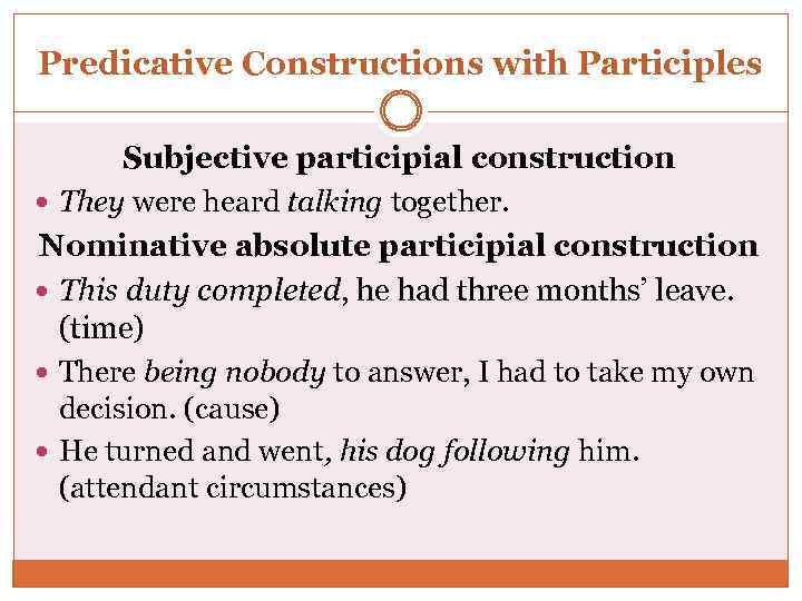 Predicative Constructions with Participles Subjective participial construction They were heard talking together. Nominative absolute