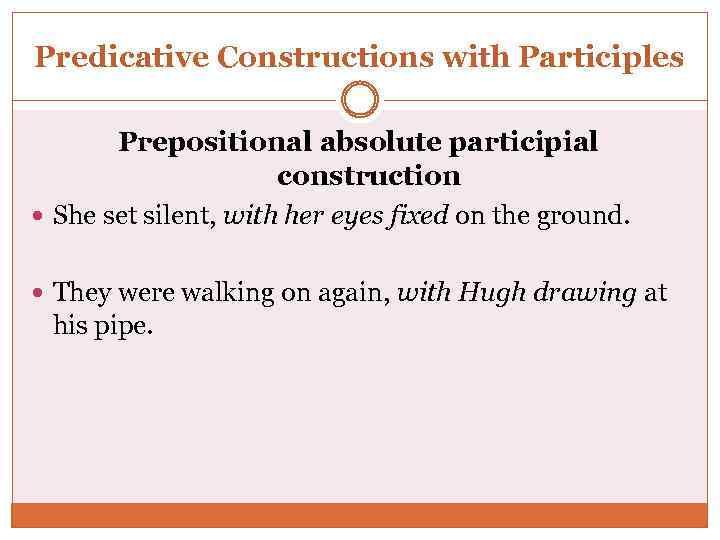 Predicative Constructions with Participles Prepositional absolute participial construction She set silent, with her eyes