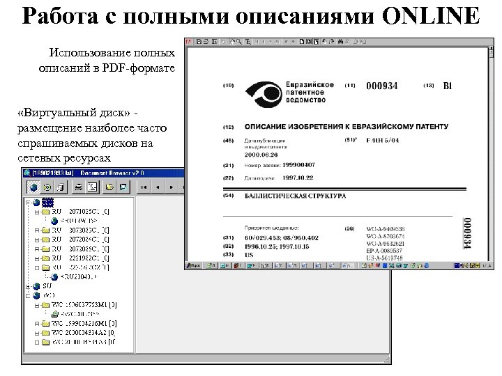 Работа с полными описаниями ONLINE Использование полных описаний в PDF-формате «Виртуальный диск» размещение наиболее
