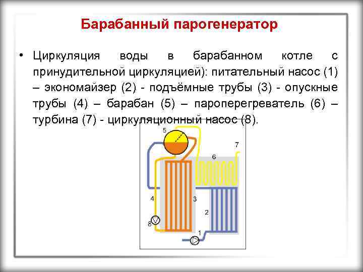 Барабанный парогенератор • Циркуляция воды в барабанном котле с принудительной циркуляцией): питательный насос (1)