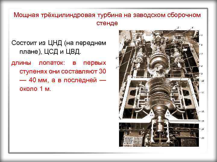 Мощная трёхцилиндровая турбина на заводском сборочном стенде Состоит из ЦНД (на переднем плане), ЦСД