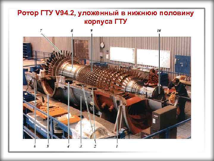 Ротор ГТУ V 94. 2, уложенный в нижнюю половину корпуса ГТУ 