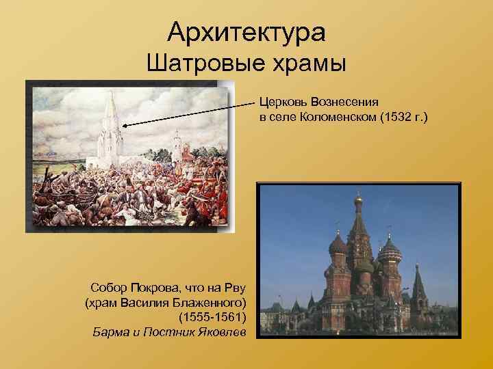 Архитектура Шатровые храмы Церковь Вознесения в селе Коломенском (1532 г. ) Собор Покрова, что