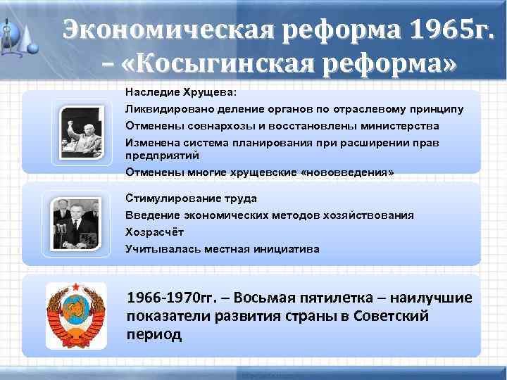 Экономическая реформа 1965 г. – «Косыгинская реформа» Наследие Хрущева: Ликвидировано деление органов по отраслевому