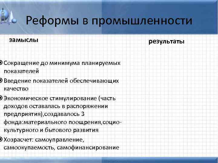 Реформы в промышленности замыслы Сокращение до минимума планируемых показателей Введение показателей обеспечивающих качество Экономическое