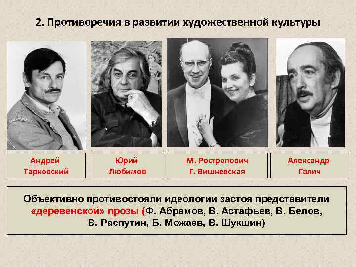 2. Противоречия в развитии художественной культуры Андрей Тарковский Юрий Любимов М. Ростропович Г. Вишневская