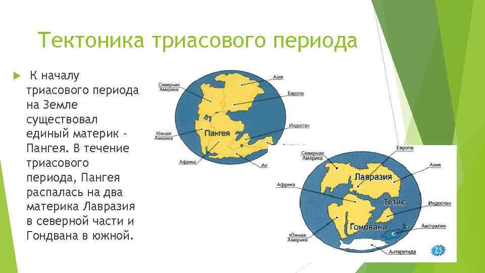 Тектоника триасового периода К началу триасового периода на Земле существовал единый материк Пангея. В