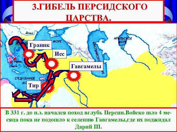 3. ГИБЕЛЬ ПЕРСИДСКОГО ЦАРСТВА. Граник Исс Гавгамелы Тир В 331 г. до н. э.