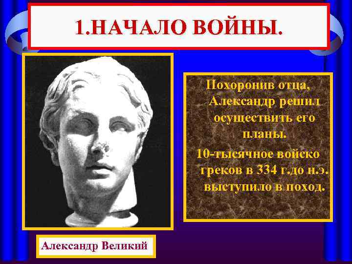 1. НАЧАЛО ВОЙНЫ. Похоронив отца, Александр решил осуществить его планы. 10 -тысячное войско греков