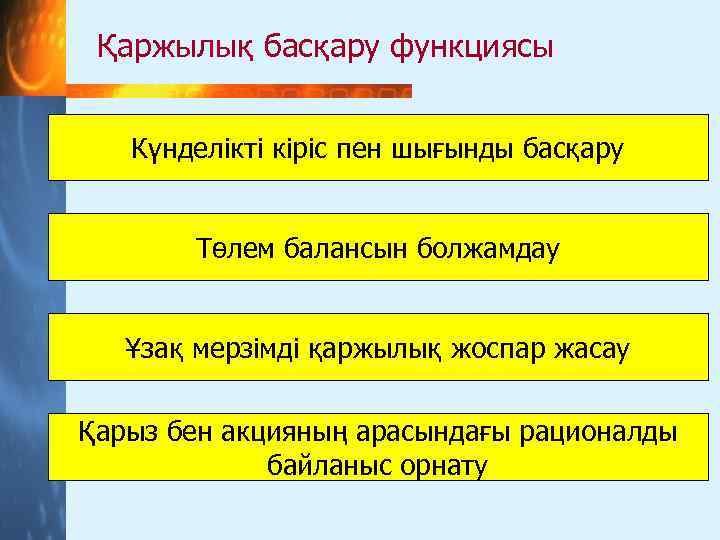 Қаржылық басқару функциясы Күнделікті кіріс пен шығынды басқару Төлем балансын болжамдау Ұзақ мерзімді қаржылық