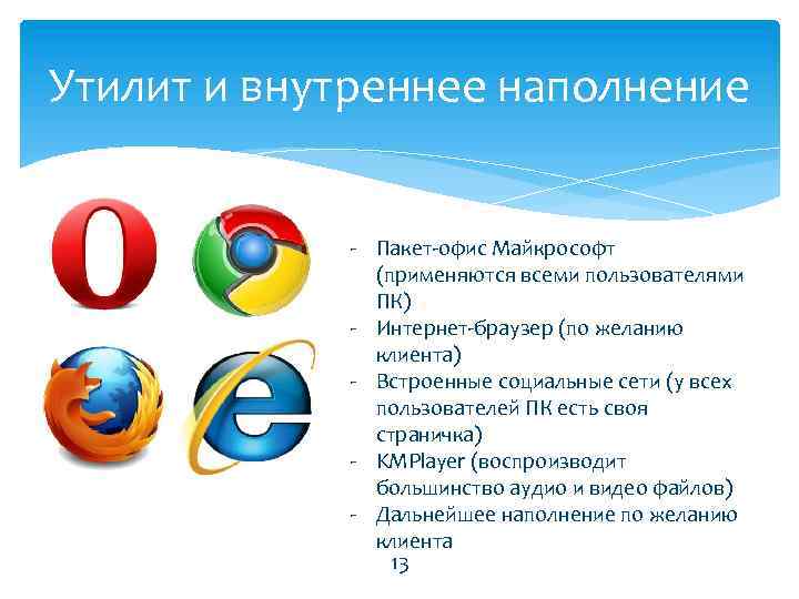 Утилит и внутреннее наполнение - Пакет-офис Майкрософт (применяются всеми пользователями ПК) - Интернет-браузер (по