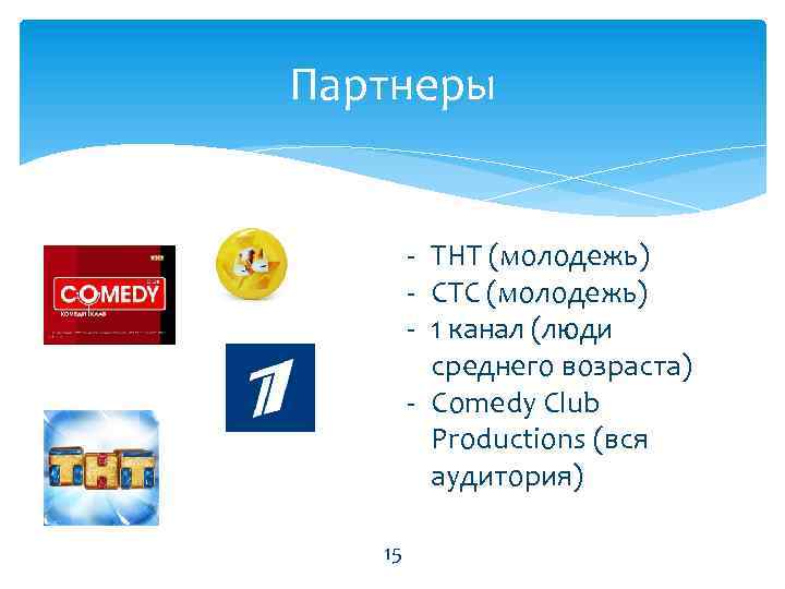 Партнеры - ТНТ (молодежь) - СТС (молодежь) - 1 канал (люди среднего возраста) -