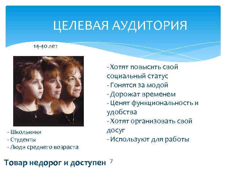 ЦЕЛЕВАЯ АУДИТОРИЯ 14 -40 лет - Школьники - Студенты - Люди среднего возраста Товар