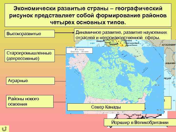 Экономически развитые страны – географический рисунок представляет собой формирование районов четырех основных типов. Высокоразвитые
