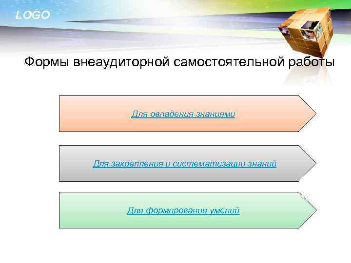 LOGO Формы внеаудиторной самостоятельной работы Для овладения знаниями Для закрепления и систематизации знаний Для
