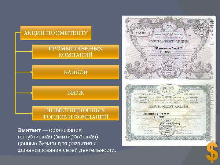 АКЦИИ ПО ЭМИТЕНТУ ПРОМЫШЛЕННЫХ КОМПАНИЙ БАНКОВ БИРЖ ИНВЕСТИЦИОННЫХ ФОНДОВ И КОМПАНИЙ Эмитент — организация,