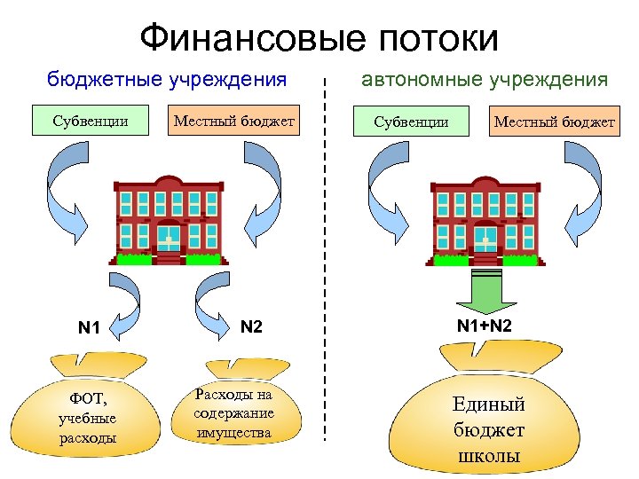 Финансовые потоки бюджетные учреждения Субвенции N 1 ФОТ, учебные расходы Местный бюджет N 2