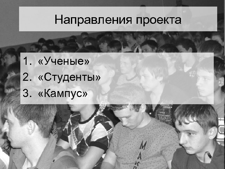 Направления проекта 1. «Ученые» 2. «Студенты» 3. «Кампус» 