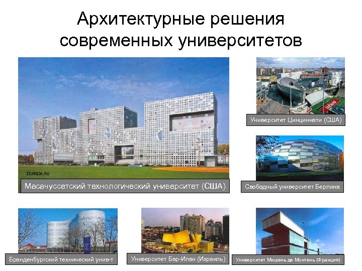Архитектурные решения современных университетов Университет Цинциннати (США) Масачуссетский технологический университет (США) Свободный университет Берлина