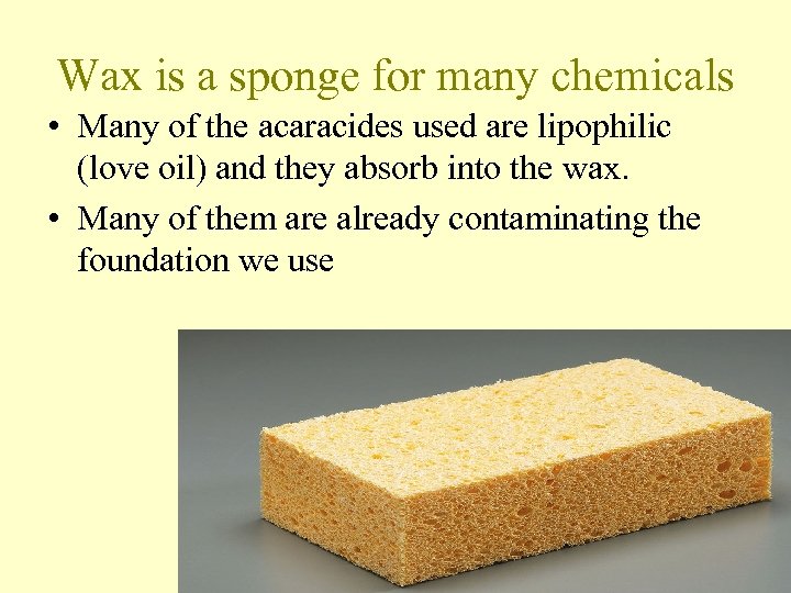 Wax is a sponge for many chemicals • Many of the acaracides used are