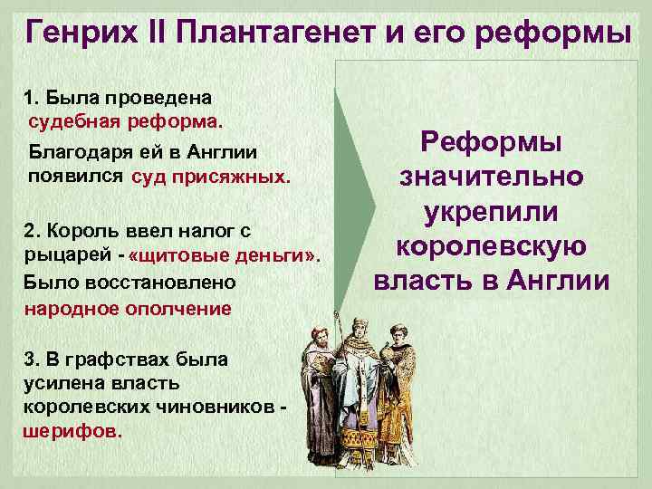Генрих II Плантагенет и его реформы 1. Была проведена судебная реформа. Благодаря ей в