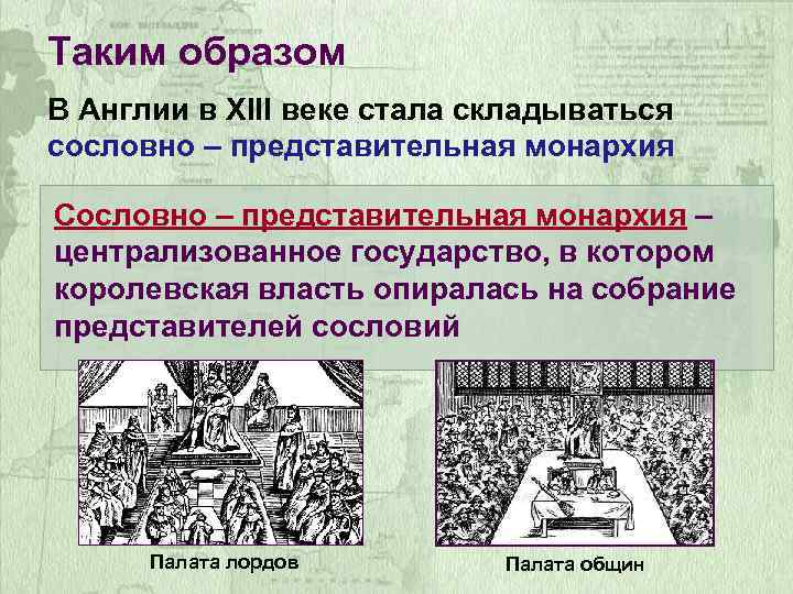 Таким образом В Англии в XIII веке стала складываться сословно – представительная монархия Сословно