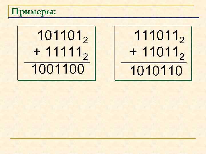 Примеры: 1011012 + 111112 1001100 1110112 + 110112 1010110 