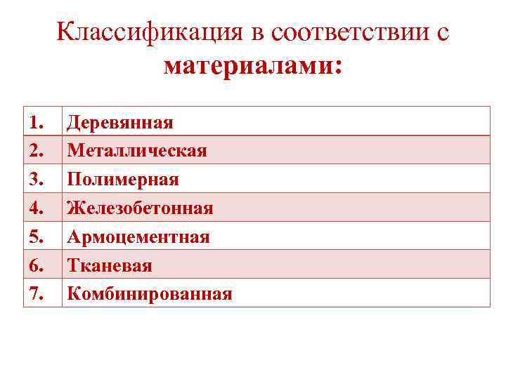 Классификация в соответствии с материалами: 1. 2. 3. 4. 5. 6. 7. Деревянная Металлическая