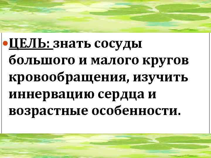  ЦЕЛЬ: знать сосуды большого и малого кругов кровообращения, изучить иннервацию сердца и возрастные